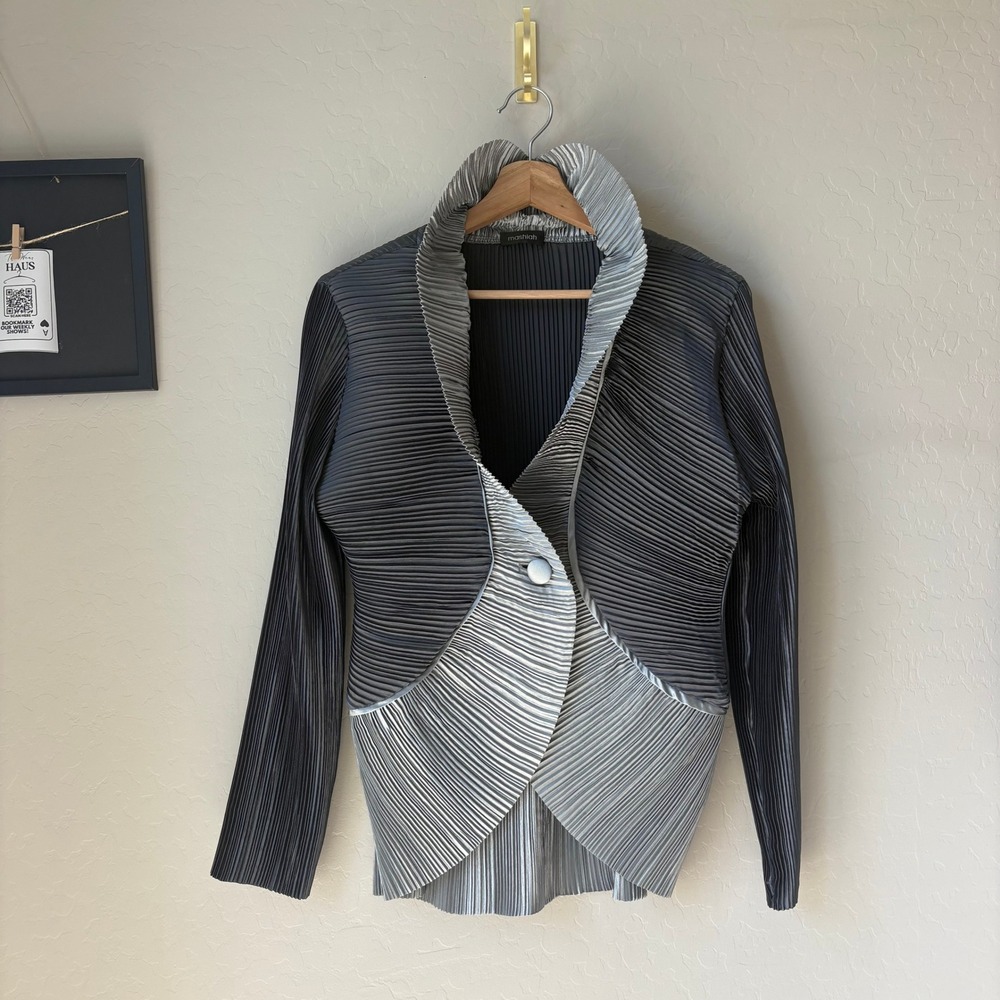 Mashiah Vintage Plisse Pleated Ruffle Blazer Jacket Gray Silver OS